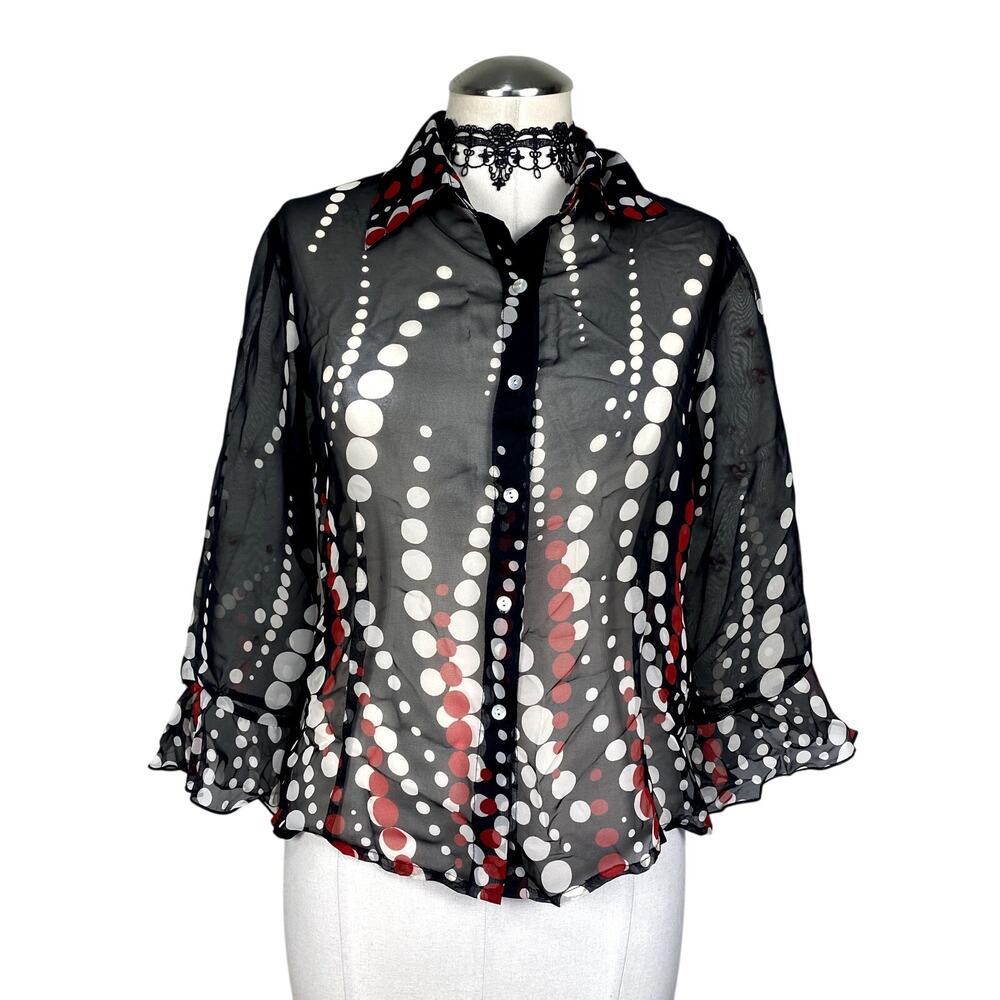 Nicola Vtg Y2K Red Dot Sheer Button Down Blouse Whimsigoth Retro Ruffle P/S